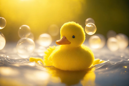 Yellow duck toy in the bubble bath bokeh. ai generative.の素材