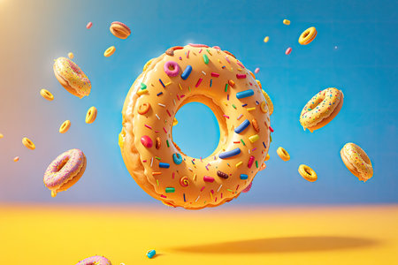 Flying colorful donuts yellow background. ai generative.の素材