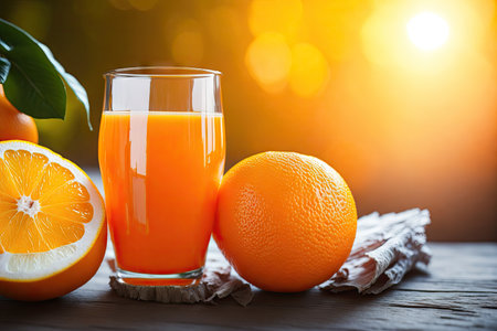 Orange fruit and glass of juice on wooden background. ai generative.の素材