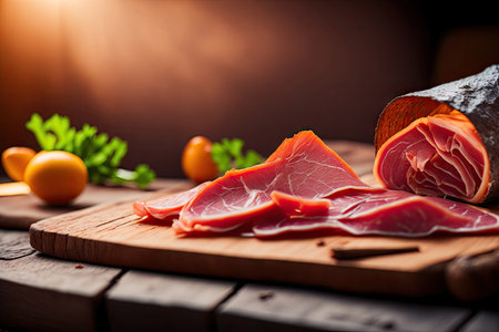 Sliced prosciutto on a wooden board. ai generative.の素材