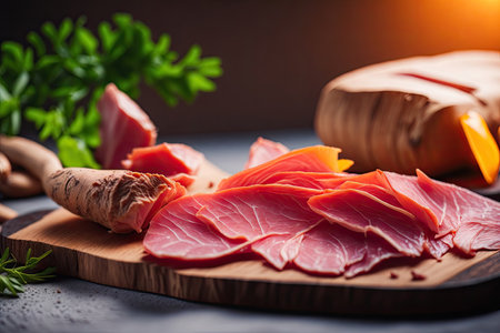 Sliced prosciutto on a wooden board. ai generative.の素材