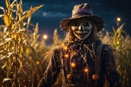 Scary scarecrow in a hat and coat on a evening autumn cornfield during sunset. Spooky Halloween holiday concept.の素材
