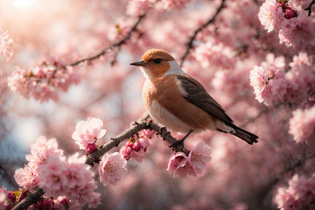 The bird standing on cherry blossom branch sharp bright. ai generative.の素材