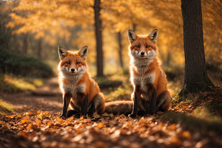 fox sitting on nature trail in autumn season sharp bright. ai generative.の素材