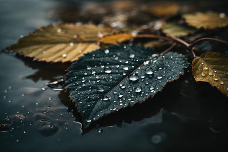 closeup image of a black leaf with water droplets. ai generative.の素材