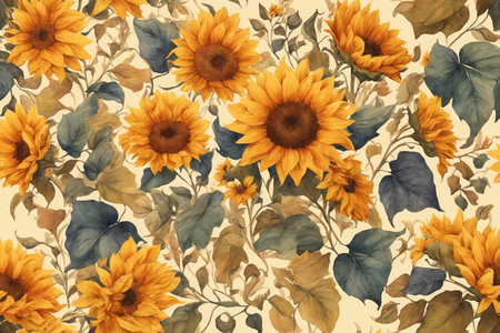 Sunflower watercolor retro background. ai generative.の素材