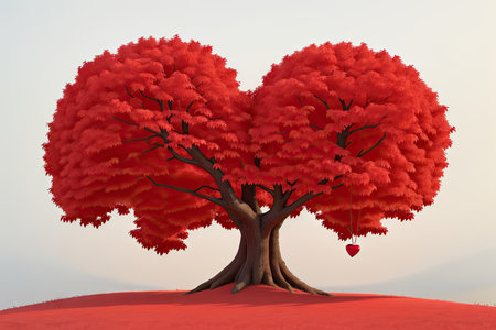3D Animation Style red maple tree in the shape of a heart. ai generative.の素材