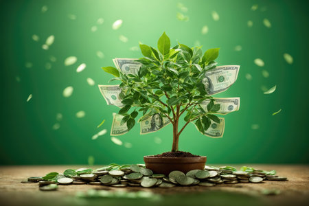 Money tree on light green background Leaves as dollars. ai generative.の素材