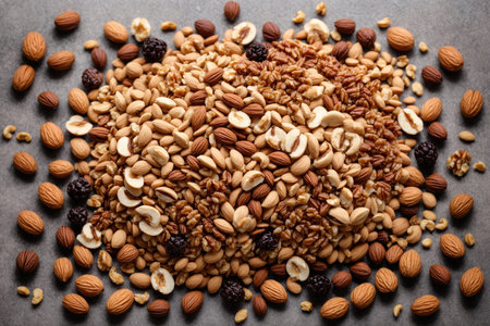 top view background Mix of nuts and dry fruits. ai generative.の素材