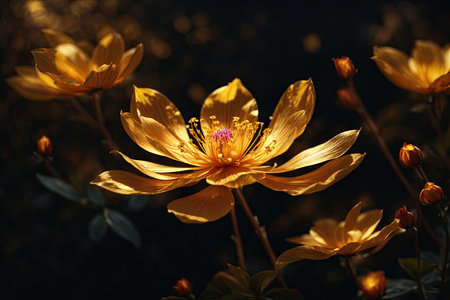Golden xray image of a ethereal flower on black background. ai generative.の素材