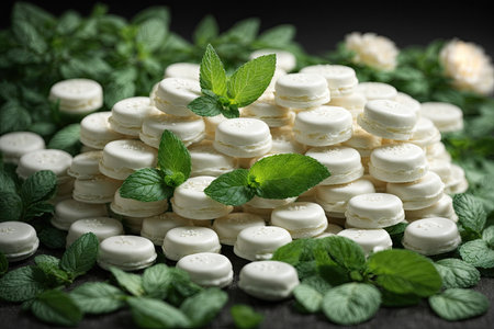 Pile of white mints candy with a green mint leaves. ai generative.の素材