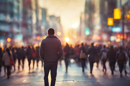 Back view Blurry city street scene People crossing the street. ai generative.の素材