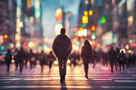 Back view Blurry city street scene People crossing the street. ai generative.の素材