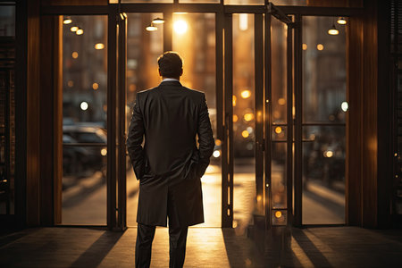 Rear view of a businessman standing facing bright light. ai generative.の素材