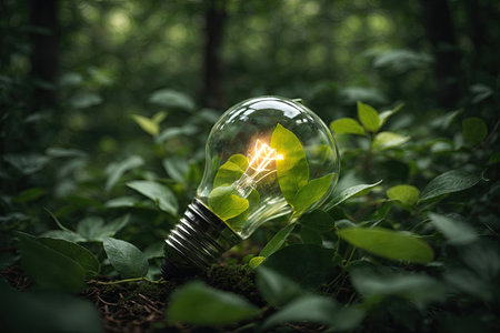 Eco friendly lightbulb from fresh leaves top view concept. ai generative.の素材