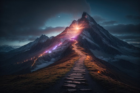 Futuristic mountain with glowing path to the top. ai generative.の素材