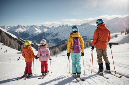 Family ski vacation back view Group of young skiers. ai generative.の素材