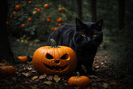 Halloween black cat with pumkin in dark forest. ai generative.の素材