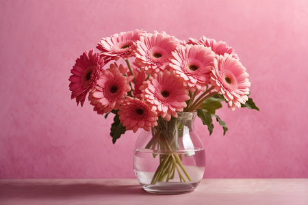 Pink gerbera flowers in a vase on table. ai generative.の素材