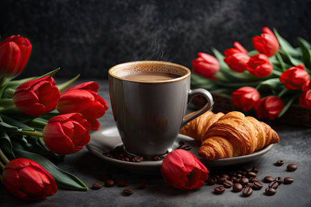 Cup of coffee with croissants and red tulips. ai generative.の素材
