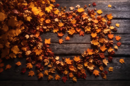 Autumn leaves circle on wooden background with copy space. ai generative.の素材
