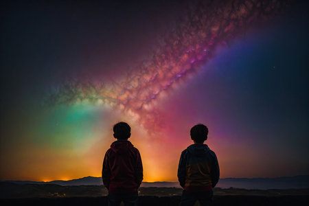 Silhouette of a boys looking at the rainbow colored stars. ai generative.の素材