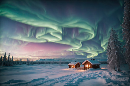 northern light on the silent field before sun rise. ai generative.の素材