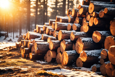 Pile of wood logs stumps for winter snowy sunset. ai generative.の素材