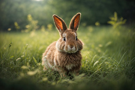 Cute little bunny in grass with ears looking up. ai generative.の素材