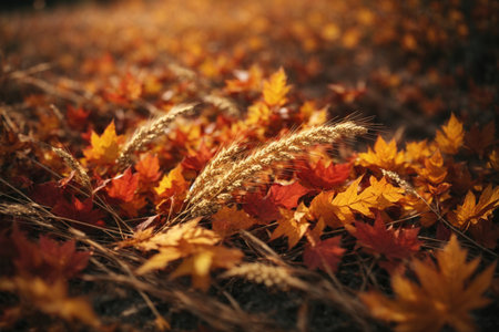 Beautiful autumn leaves with wheat ears on color background. ai generative.の素材