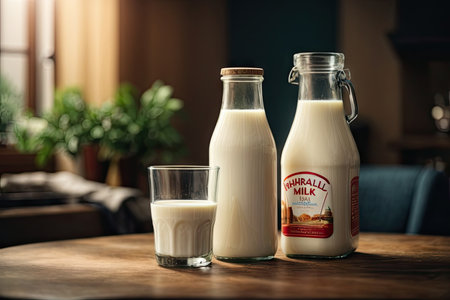 A bottle of milk and a glass of milk. ai generative.の素材