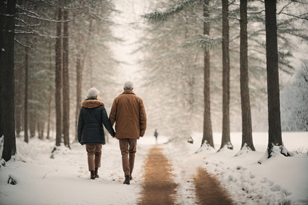 Loving Senior Couple Holding Hands in winter park. ai generative.の素材