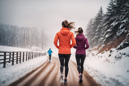 back view Beautiful happy active runner girl jogging in winter. ai generative.の素材