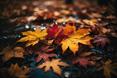 autumn leaves with water drops. ai generative.の素材
