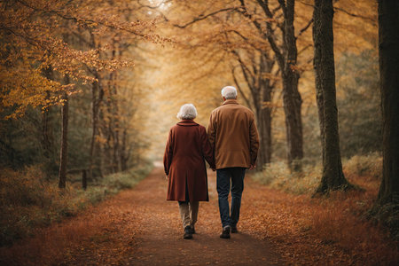 Loving Senior Couple Holding Hands an autumn park. ai generative.の素材