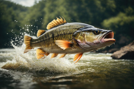 bass fish jumping out of river water. ai generative.の素材