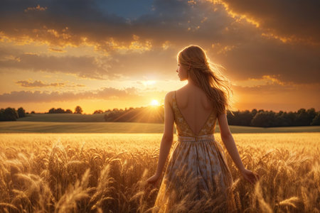 Photorealistic image general plan woman in night light field. ai generative.の素材