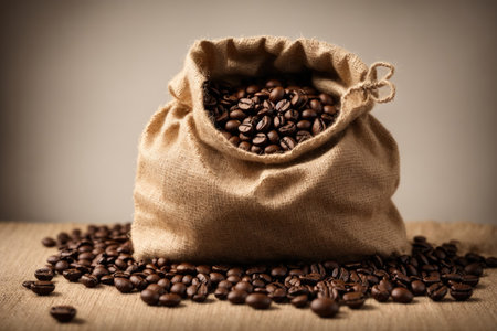 Coffee beans in a jute sack isolated on white background. ai generative.の素材