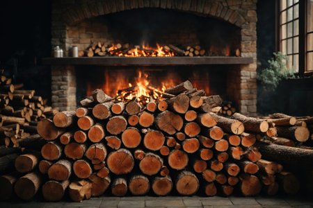 Stacked logs of firewood by the fireplace. ai generative.の素材
