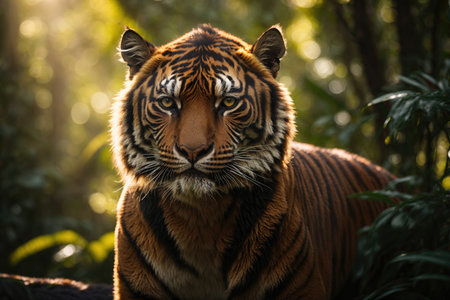 Portrait of Sumatran tiger in a jungle rim sun light. ai generative.の素材