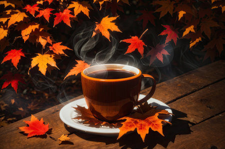 Mug of coffee and autumn leaves. ai generative.の素材