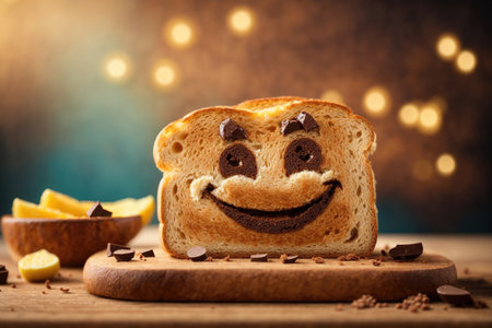 funny toast bread with chocolate smile on wooden board. ai generative.の素材