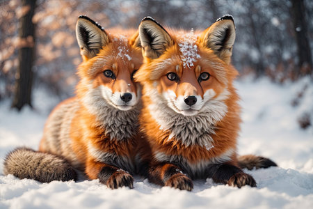 A Cute fox on the snow during winter season. ai generative.の素材