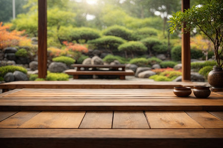 Empty wood table top with blur Japanese Zen Garden. ai generative.の素材