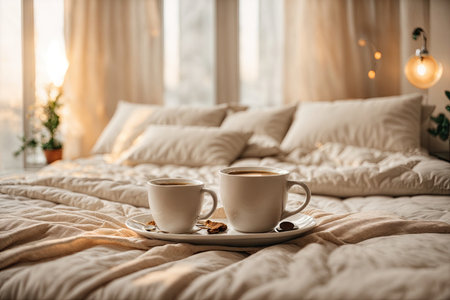 Cozy light beige Bedroom with cup of coffee pillows. ai generative.の素材