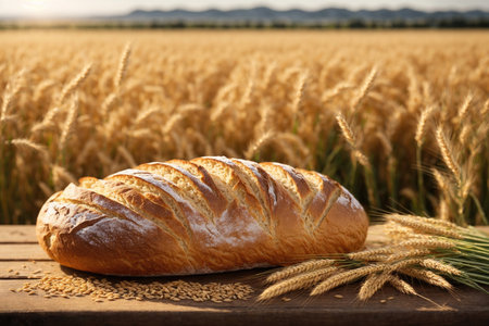 Fresh fragrant Bread and wheat on wooden table. ai generative.の素材