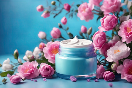 Cosmetic advertising background with cosmetic jar. ai generative.の素材