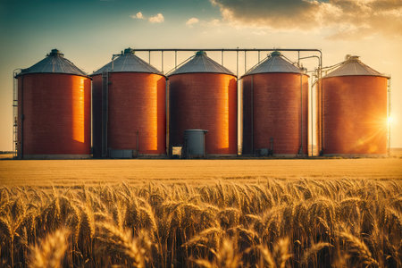 Silos in a wheat field Storage of agricultural product. ai generative.の素材