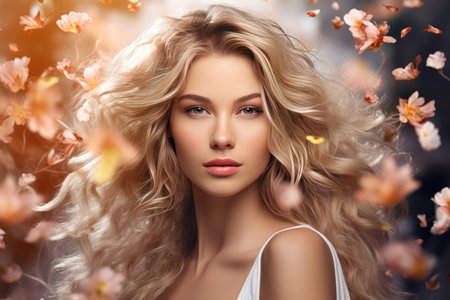 spring girl on a background of flowering trees. ai generative.の素材