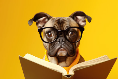 a dog wearing glasses holds an open book on yellow background. ai generative.の素材